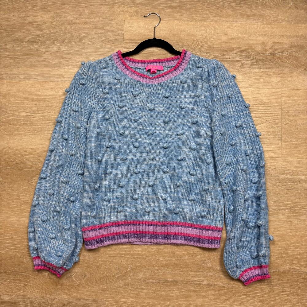 Lilly Pulitzer Verna Pom Pom Bobble Crew Neck Sweater Women's L Color Blue/Pink‎